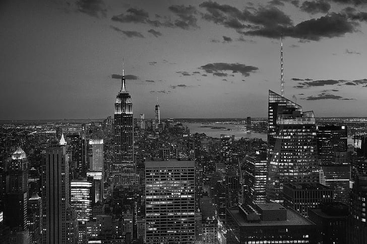 velké město, mrakodrapy, mrakodrap, New york, Spojené státy americké, Panorama, Západ slunce