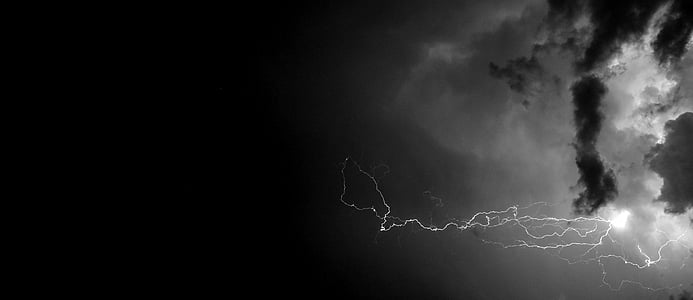 lightning, black, white, at night, clouds, in the evening, bright