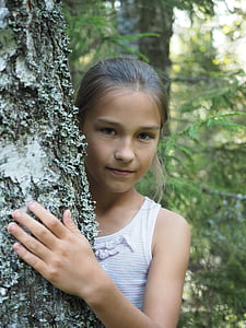 女孩, 森林, 自然, 树, 模型, 手, 眼睛