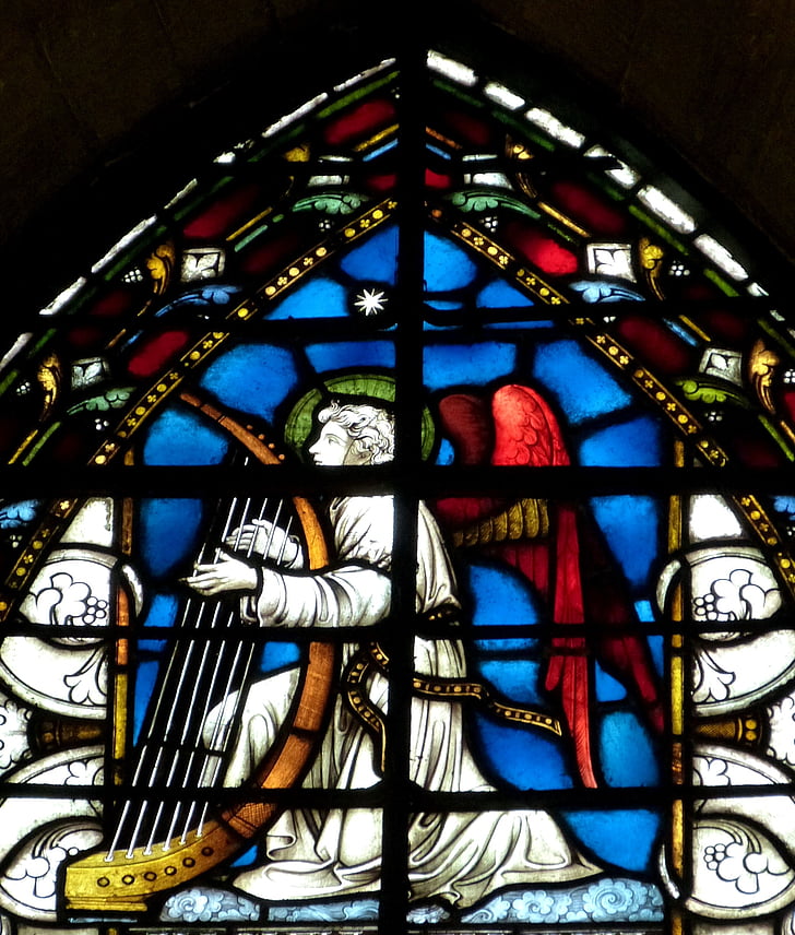 Angel, kirken vindu, kirke, glassvindu, vinduet, kristendom, musikk