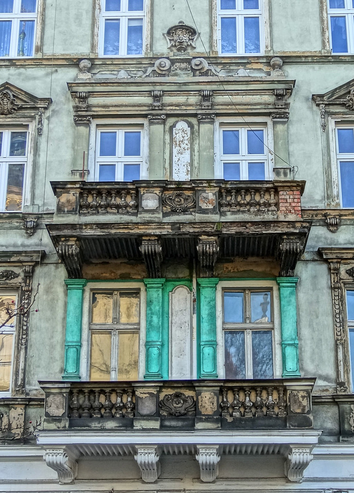 Bydgoszcz, fasad, balkon, rumah, depan, arsitektur, eksterior