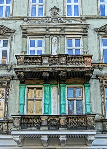 Bydgoszcz, fasade, balkong, huset, foran, arkitektur, eksteriør
