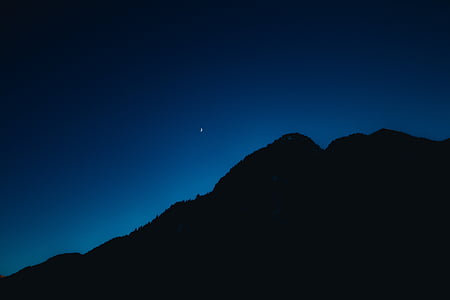 синьо, тъмно, небе, фотография, планински, силует, нощ