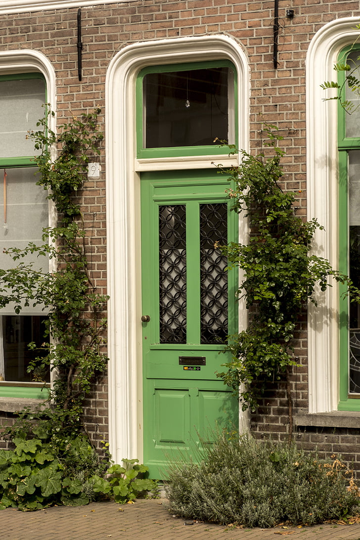 verde, puerta, madera, decorativo