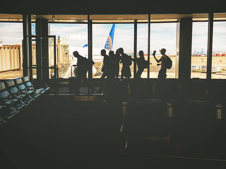 aircraft, airplane, airport, Airport gate, aviation, people, silhouette