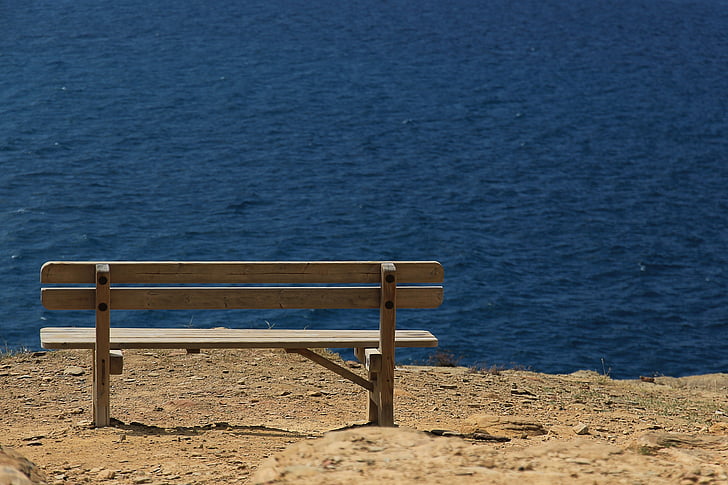 banka, morje, lesena klop, sedež, slikovito, sredozemski, počitnice