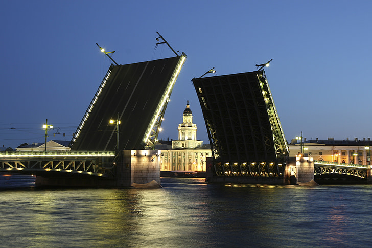 Rusko, Most, Petrohrad, bílá, noční, řeka, Neva