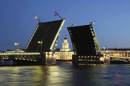 Oroszország, híd, Petersburg, fehér, éjszaka, folyó, Neva