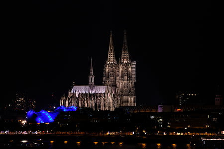 cologne, dom, cologne cathedral, night, illuminated, church, night photograph