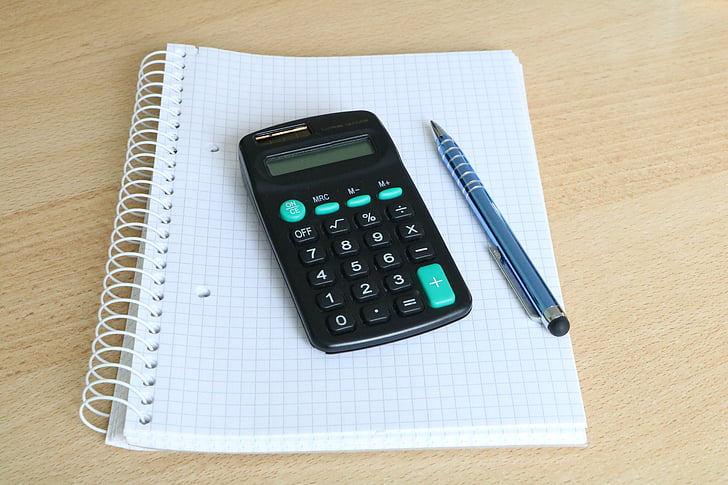 calculator, block, pen, solar calculator, white, business, office
