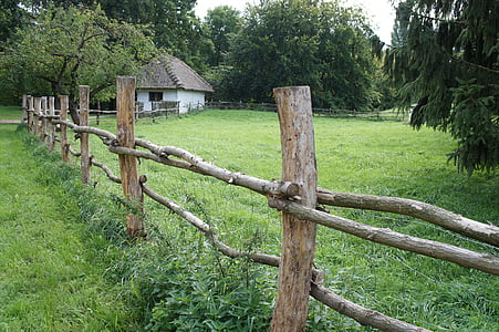 dorp, het platteland, buitenshuis, gras, houten hek, huis