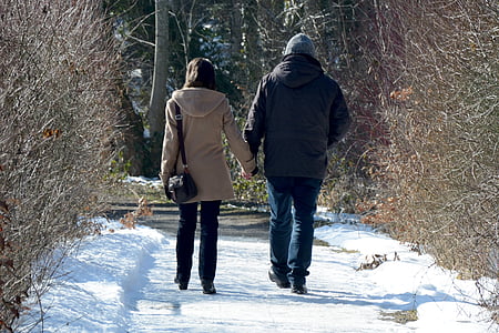 冬天, 雪, 双, 个人, 在一起, 两个, 步行