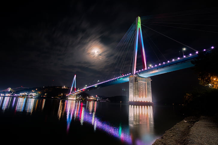 bridge, water, reflection, urban, architecture, landmark, night
