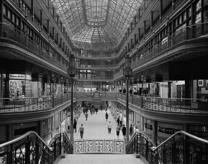 department store, shopping centre, arcades, shopping, cleveland, ohio, 1966