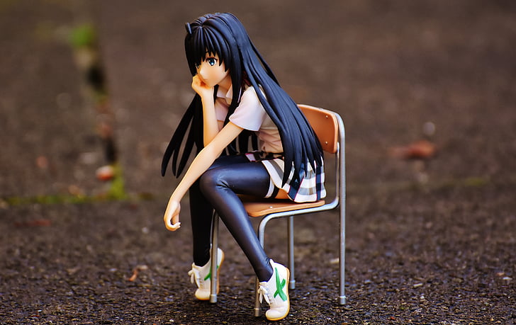 girl, sad, chair, sit, thoughtful, anime, view