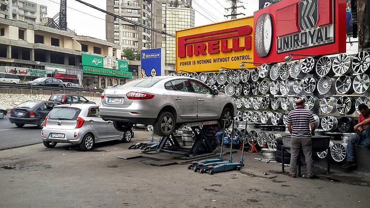 cars, repairing, tires, car, street, urban Scene
