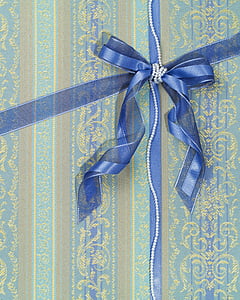 emballage, gavepakke, mønster, blå band, model, dekoration