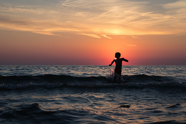 beach, boy, evening, excitement, fun, horizon, running