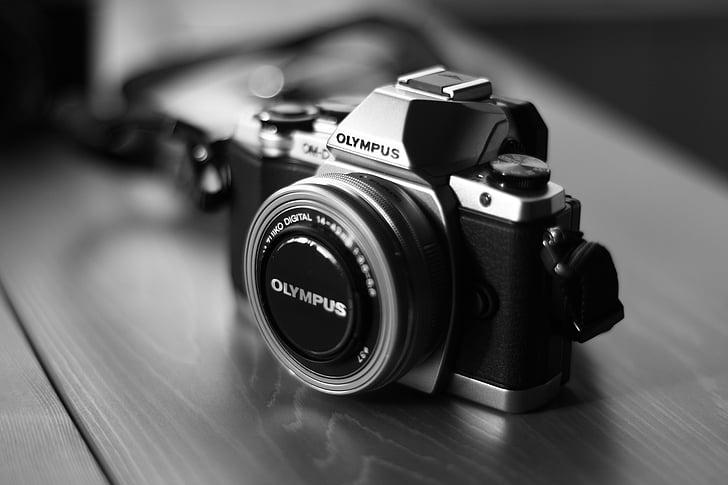 fekete, ezüst, digitális, kamera, Olympus, digitális fényképezőgép, fekete-fehér
