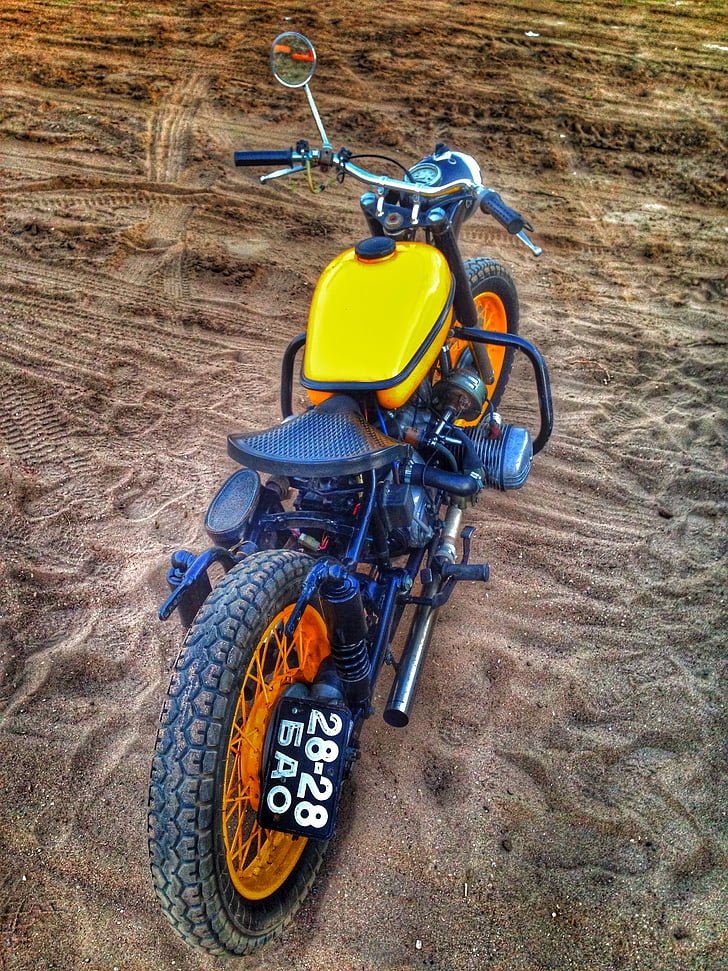 motorcycle, ural, sand, desert, bike, transport, yellow body