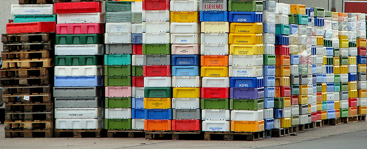 containere, kasser, kasserne, paletten, port, fiskeri, farver