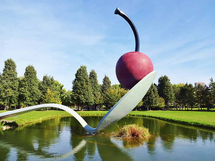 cherry on a spoon, cherry, sculpture, minneapolis, minnesota, park, attraction