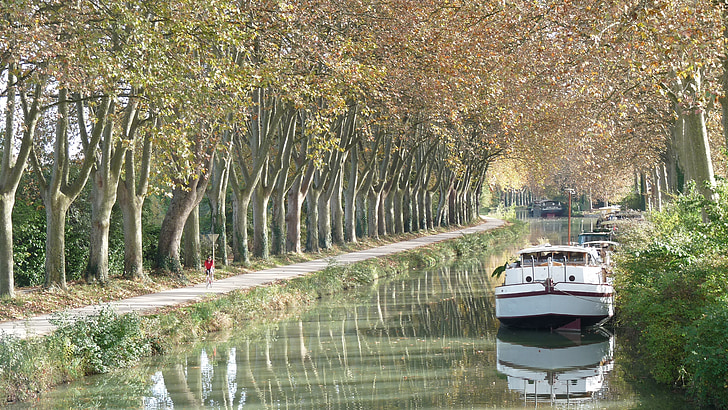 canal du midi, peniche, southwest, boat, leads, parking, trees