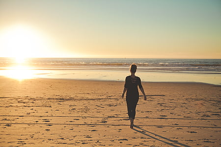 sunset, beach, ocean, sea, people, woman, walking