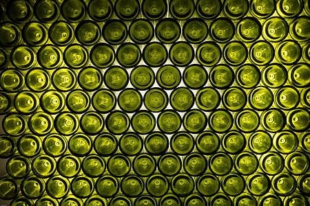 buteliai, butelio dugne, žalia, vynas, vyno buteliai, lentyna, žaidžia šviesos