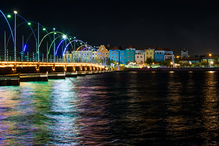 Pontjesbrug, puente, luces, agua, Puerto, paseo marítimo, edificios