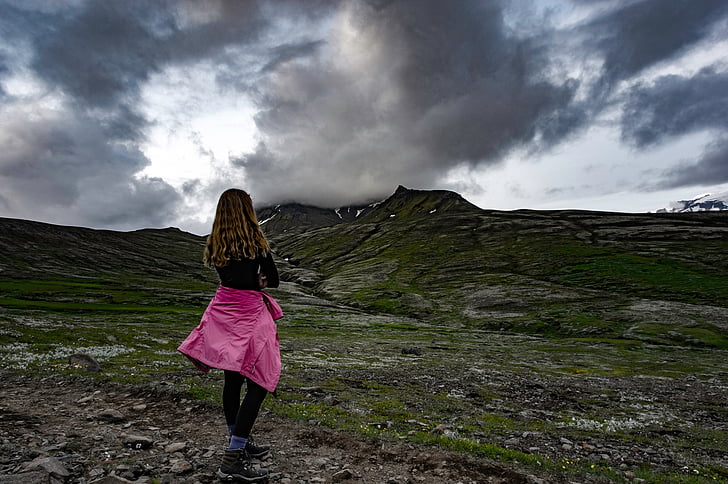 people, woman, travel, adventure, alone, clouds, sky