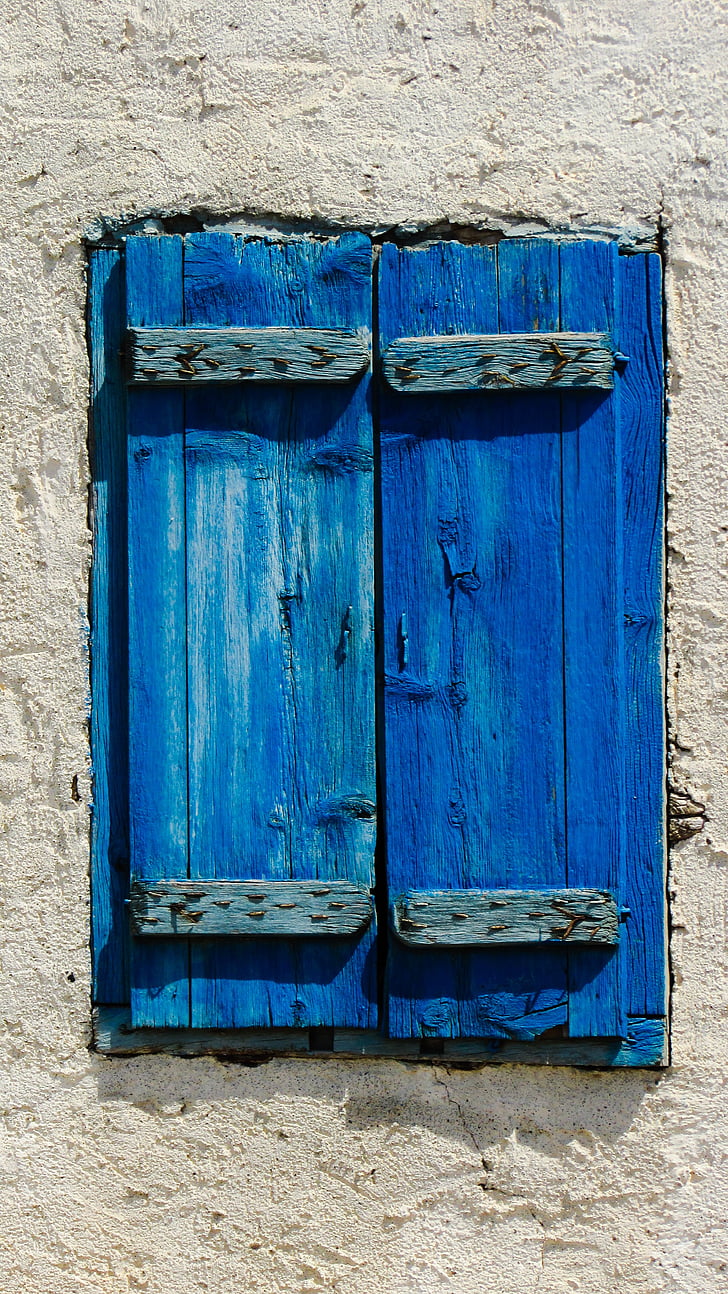 finestra, fusta, vell, envellit, resistit, blau, poble