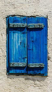 finestra, fusta, vell, envellit, resistit, blau, poble