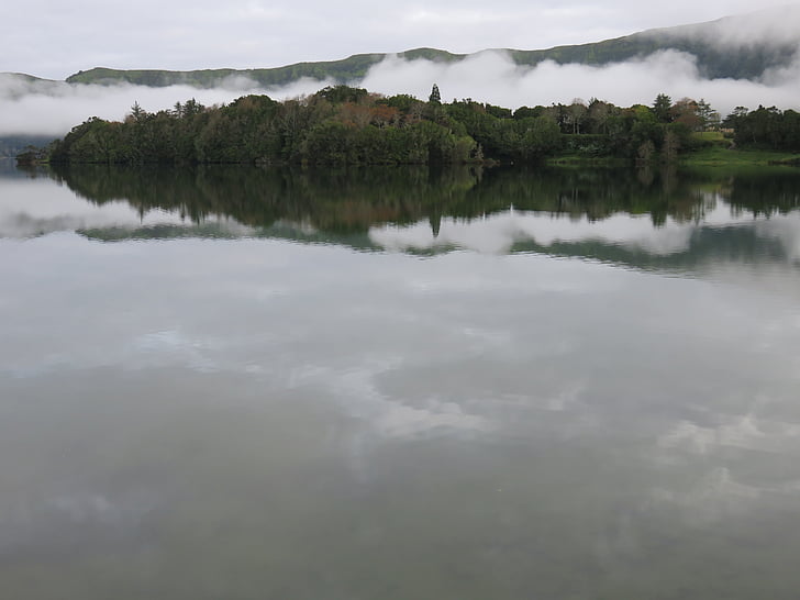 Lago, cratera, reflexão, nuvens, cinza, Lago vulcânico, cratera vulcânica