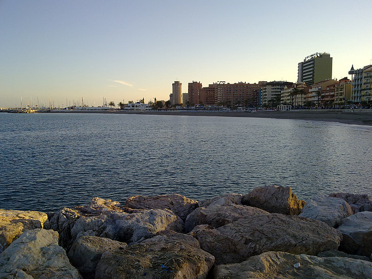 Rock, přístav, Fuengirola, voda, Já?, Západ slunce, obloha
