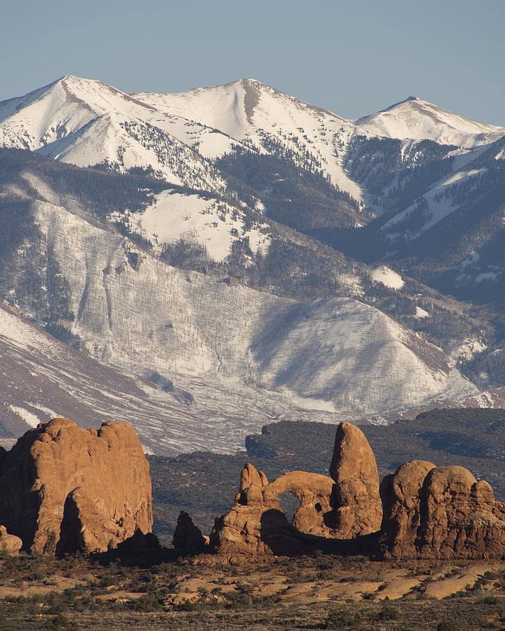 landscape, scenic, wilderness, outdoors, snow, winter, arches national park