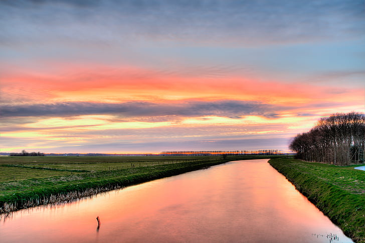 floden, solnedgång, HDR, naturen, exponering, Rosa, Sky