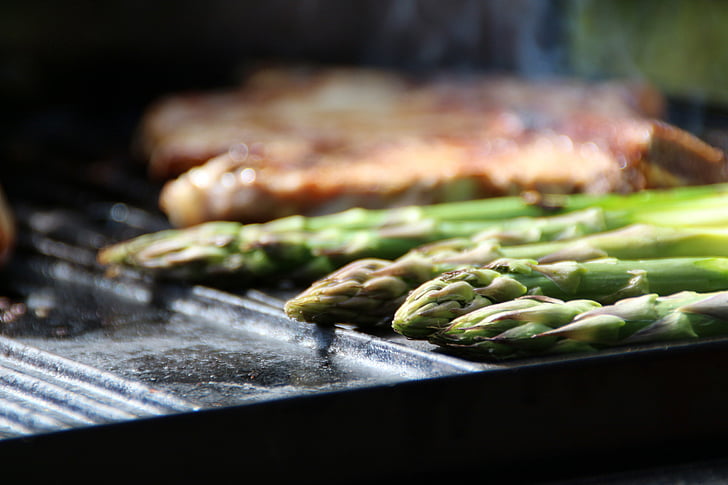 asparagus, green asparagus, steak, barbecue, grill, meat, smoke