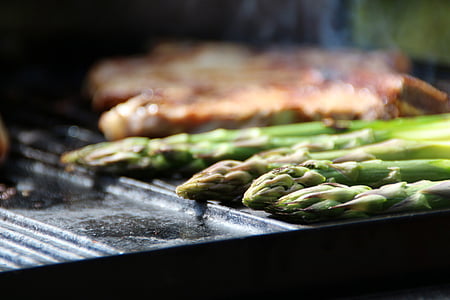 asparagi, asparagi verdi, bistecca, barbecue, griglia, carne, fumo