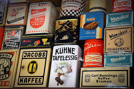 sale shelf, old cans, food