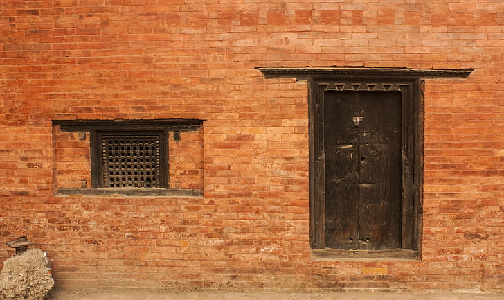 finestra, porta, vell, antiga finestra, finestra de fusta, porta de fusta, art del Nepal