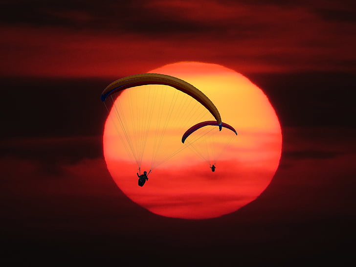 priroda, Sunce, zalazak sunca, padobran, Jedrilica, Paraglider, letjeti