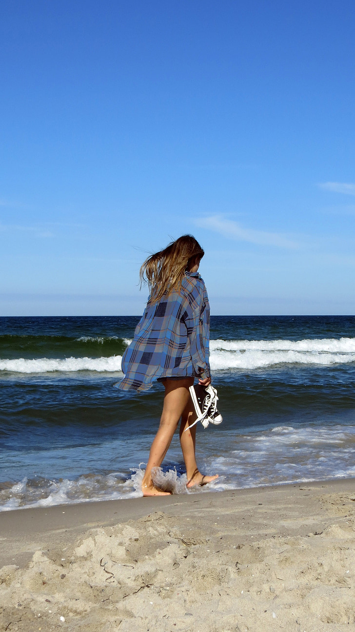 παραλία, γυναίκα, με τα πόδια, Πηγαίνετε για έναν περίπατο, Πεζοπορία, Άμμος, Τράπεζα