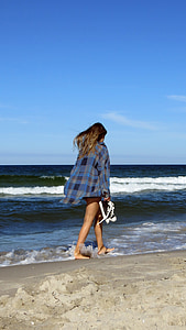 Playa, mujer, a pie, dar un paseo, senderismo, arena, Banco