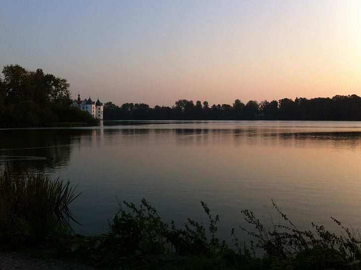 Castle, tó, alkonyat, naplemente, tükrözés, Glücksburg, Mecklenburg