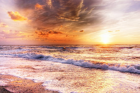 beach, clouds, dawn, dramatic, dusk, golden hour, landscape