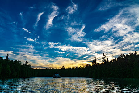 blue sky, boat, clouds, conifers, fir trees, forest, idyllic