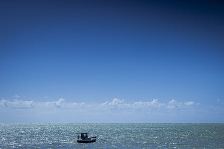 stranden landskap, blå, blå himmel, båt, båter, skyen, skyer