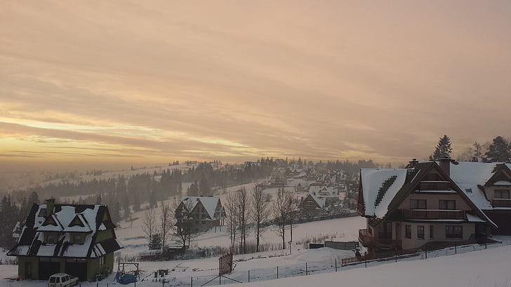 inverno, paesaggio, neve, Polonia, montagne, vista, tramonto