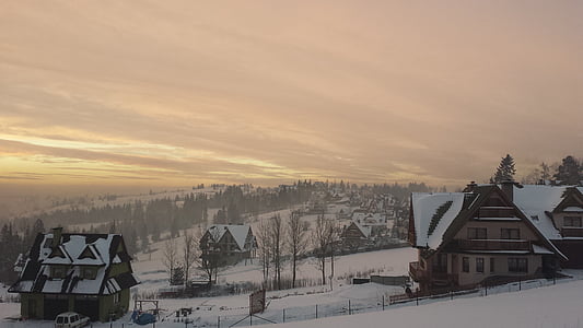 Inverno, paisagem, neve, Polônia, montanhas, modo de exibição, pôr do sol